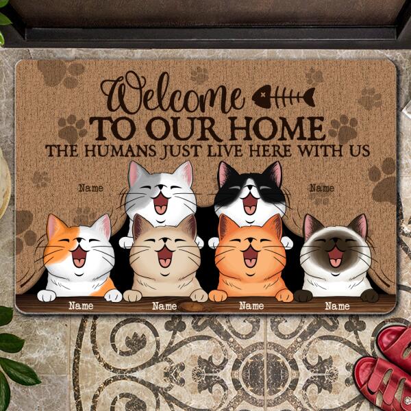 Pawzity Welcome To Our Home Personalized Doormat, Gifts For Cat Lovers, Cats Behind Curtaine Front Door Mat
