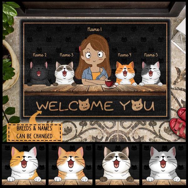 Pawzity Personalized Doormat, Gifts For Cat Lovers, Welcome You Girl & Her Cats Black Front Door Mat