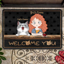 Pawzity Personalized Doormat, Gifts For Cat Lovers, Welcome You Girl & Her Cats Black Front Door Mat