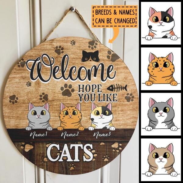 Pawzity Welcome Door Signs, Gifts For Cat Lovers, Hope You Like Cats Custom Wood Signs, Personalized Housewarming Gifts , Cat Mom Gifts