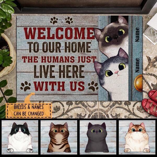 Pawzity Welcome To Our Home Personalized Doormat, Gifts For Cat Lovers, Peeking Cats Behind Wood Door