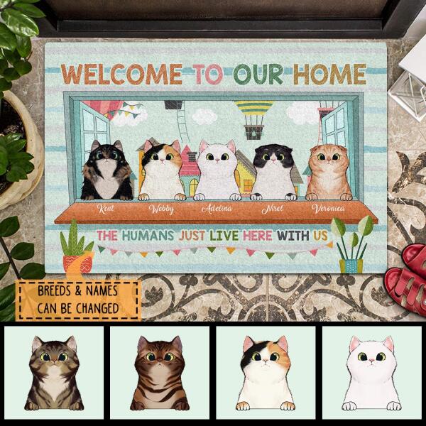 Pawzity Welcome To My Home Personalized Doormat, Gifts For Cat Lovers, Hot Air Balloons Outside Window