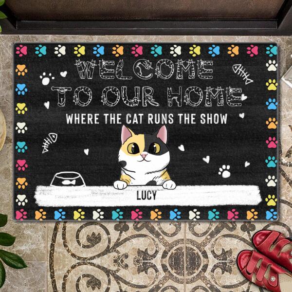 Pawzity Welcome To Our Home Personalized Doormat, Gifts For Cat Lovers, Where The Cat Runs The Show