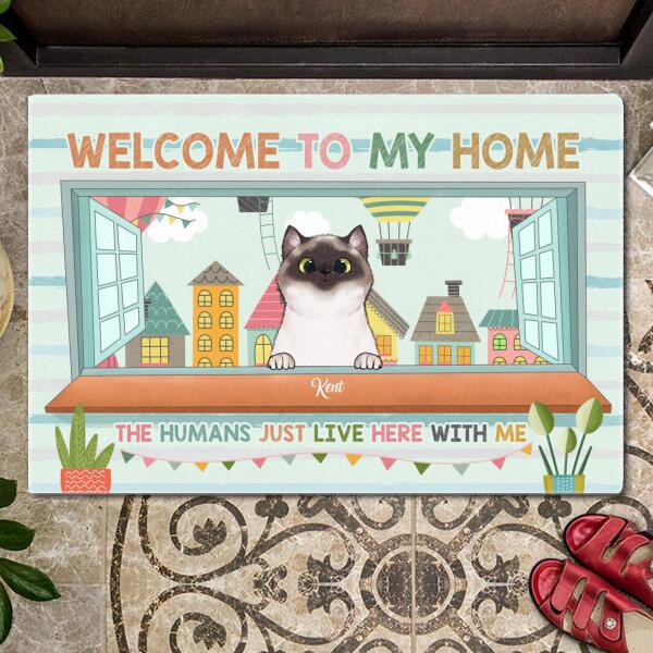 Pawzity Welcome To My Home Personalized Doormat, Gifts For Cat Lovers, Hot Air Balloons Outside Window