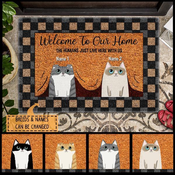 Pawzity Welcome To Our Home Custom Doormat, Gifts For Cat Lovers, Hiding Cats Under Curtain Front Door Mat