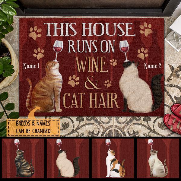 ﻿Pawzity Custom Doormat, Gifts For Cat Lovers, This House Runs On Wine And Cat Hair Front Door Mat