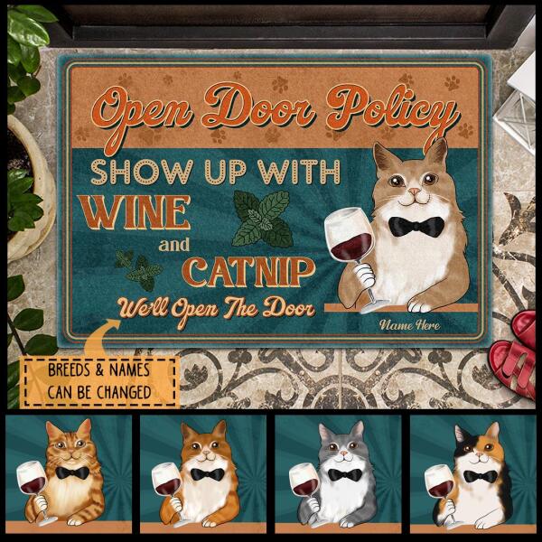 ﻿Pawzity Custom Mat, Gifts For Cat Lovers, Open Door Policy Show Up With Wine and Catnip Front Door Mat