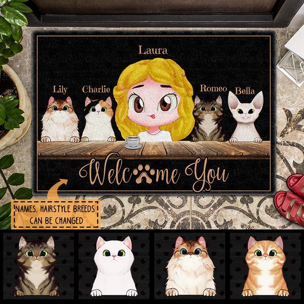 Pawzity Custom Doormat, Gifts For Cat Lovers, Welcome You Girl & Her Cats Black Front Door Mat
