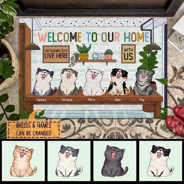 ﻿Pawzity Welcome To Our Home Personalized Doormat, Gifts For Cat Lovers, Cats On Table Front Door Mat