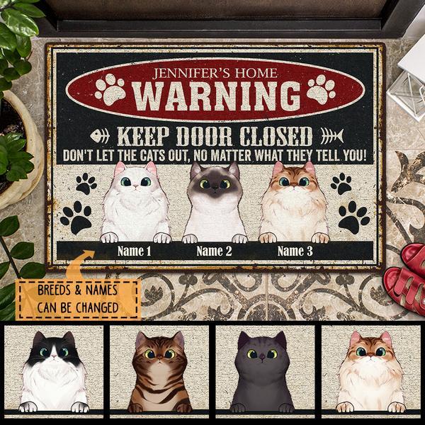 ﻿Pawzity Personalized Doormat, Gifts For Cat Lovers, Warning Keep Door Closed Retro Style Front Door Mat