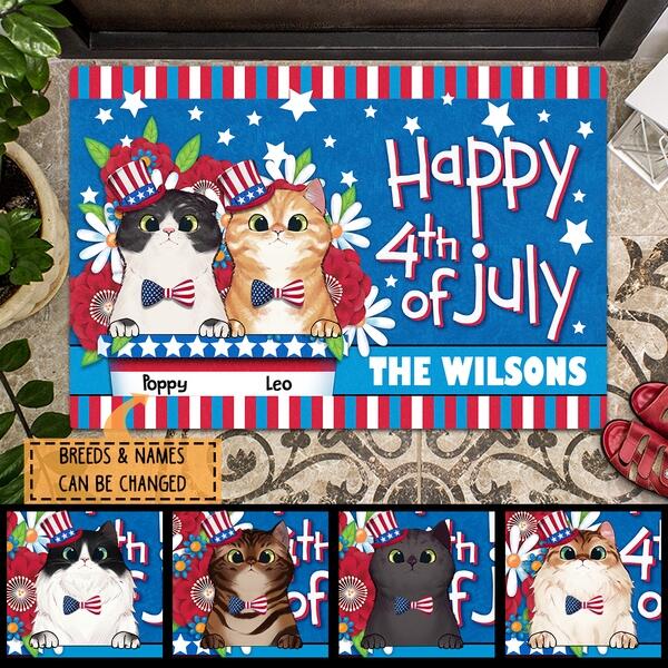 4th Of July Personalized Doormat, Gifts For Cat Lovers, USA Hat and Bowtie Front Door Mat