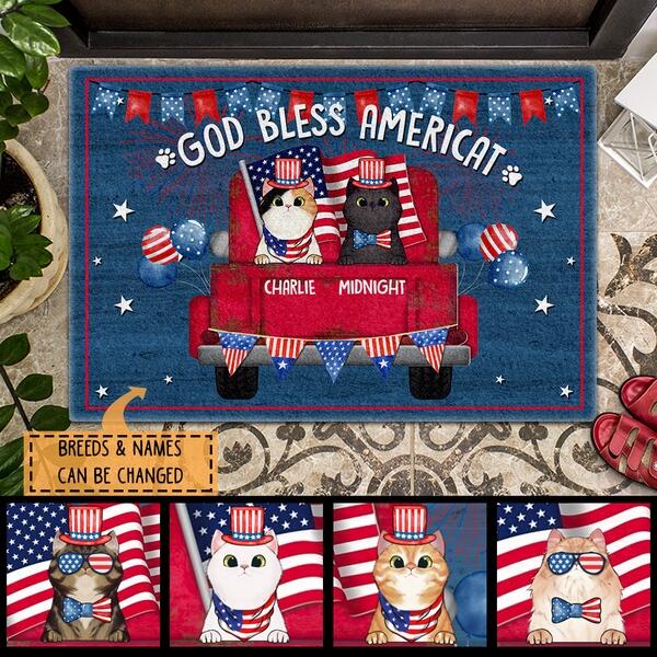 4th Of July Personalized Doormat, Gifts For Cat Lovers, God Bless Americat Front Door Mat