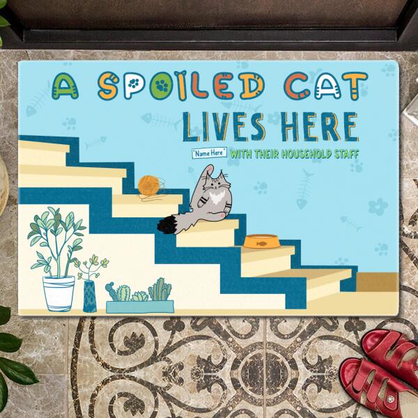 ﻿Pawzity Custom Mat, Gifts For Cat Lovers, Spoiled Cat Lives Here Cats On Stair Blue Front Door Mat