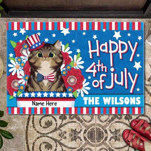 4th Of July Personalized Doormat, Gifts For Cat Lovers, USA Hat and Bowtie Front Door Mat