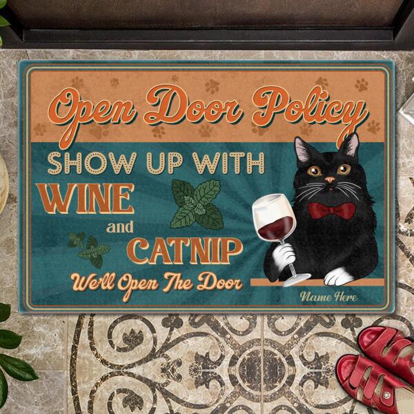 ﻿Pawzity Custom Mat, Gifts For Cat Lovers, Open Door Policy Show Up With Wine and Catnip Front Door Mat