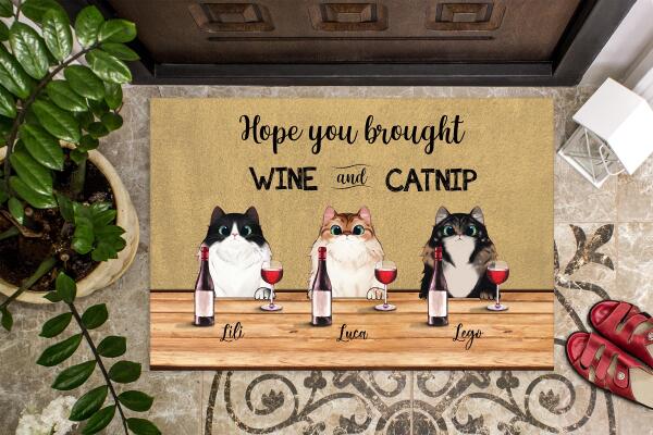 Pawzity Custom Mat, Gifts For Cat Lovers, Hope You Brought Wine And Catnip Outdoor Door Mat