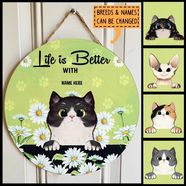 Pawzity Custom Wood Signs, Gifts For Cat Lovers, Life Is Better With Cats, Daisy Field Personalized Wood Sign , Cat Mom Gifts