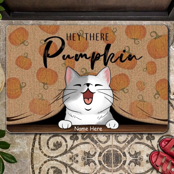 Fall Custom Doormat, Gifts For Cat Lovers, Hey There Pumpkin Cat Peeking From Curtain Holiday Doormat