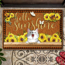 Pawzity Personalized Doormat, Gifts For Cat Lovers, Hello Sunshine Sunflowers And Butterflies Outdoor Door Mat