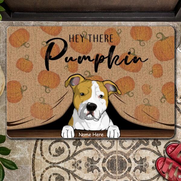 Fall Custom Doormat, Gifts For Dog Lovers, Hey There Pumpkin Dog Peeking From Curtain Holiday Doormat