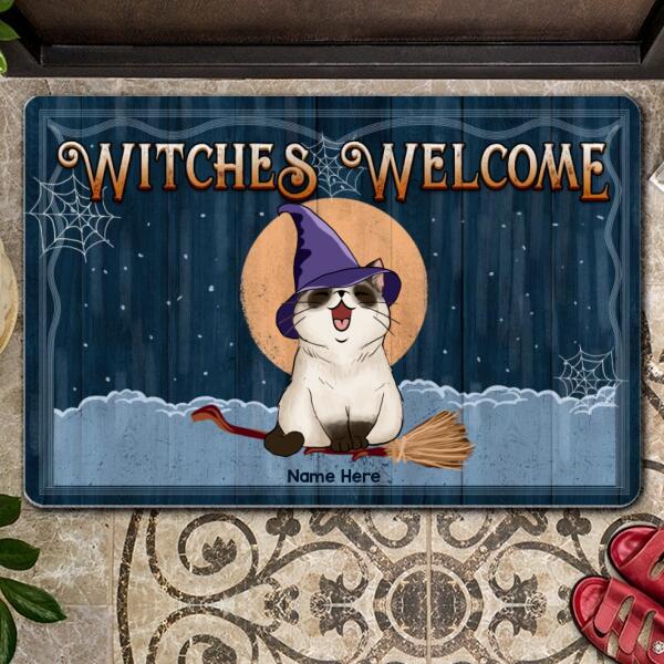 Halloween Custom Doormat, Gifts For Cat Lovers, Witches Welcome Witch Cats On Broom And Full Moon Holiday Doormat