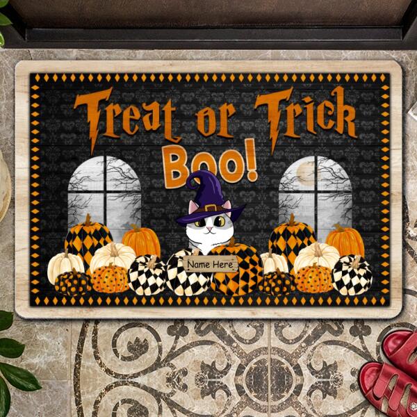 Halloween Custom Doormat, Gifts For Cat Lovers, Treat Or Trick Boo Witch Cats On Pattern Pumpkins Holiday Doormat