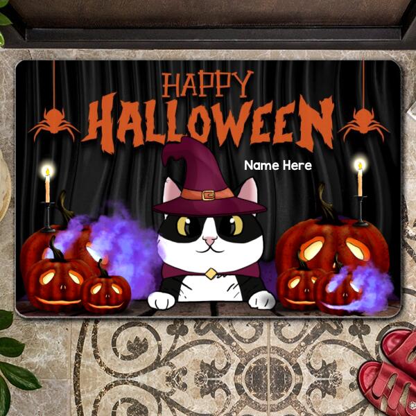 Halloween Custom Doormat, Gifts For Cat Lovers, Happy Halloween Purple Smoking Pumpkins Holiday Doormat