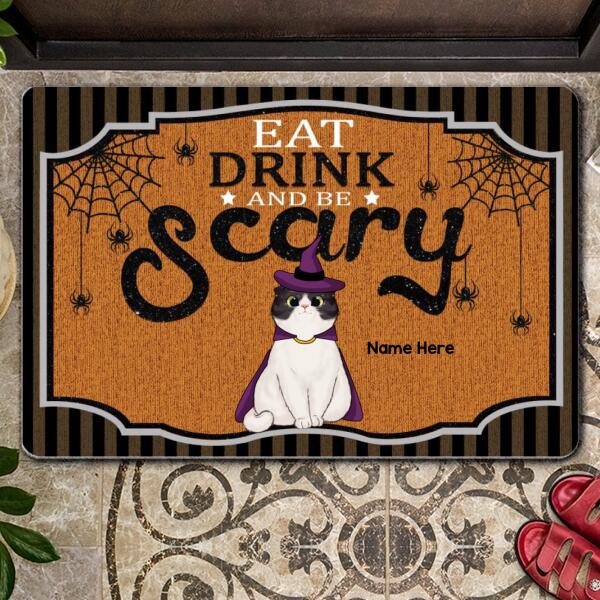 Halloween Custom Doormat, Gifts For Cat Lovers,Eat Drink And Be Scary Black And Gray Striples Holiday Doormat