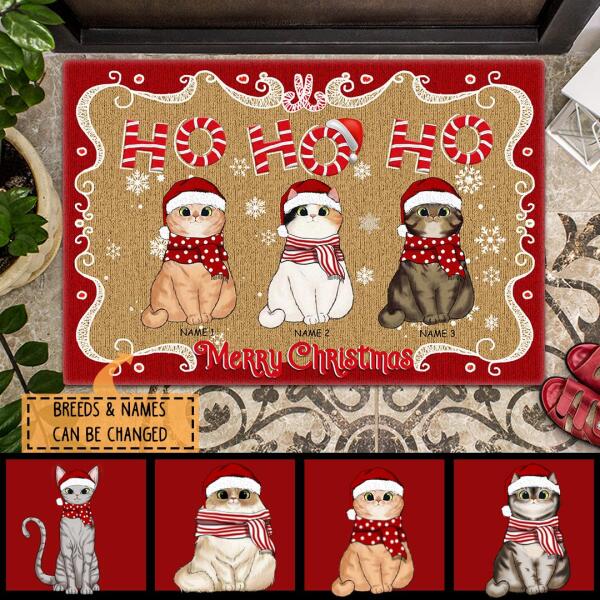 Christmas Personalized Doormat, Gifts For Cat Lovers, Ho Ho Ho Merry Christmas Santa's Hat And Scarf Holiday Doormat