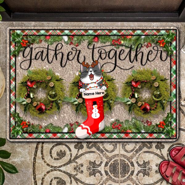 Christmas Custom Doormat, Gifts For Cat Lovers, Gather Together Cat In Christmas Stocking Holiday Doormat