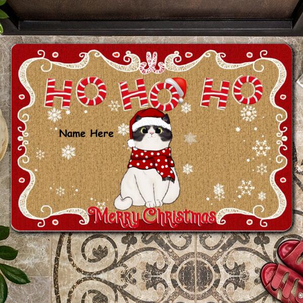 Christmas Personalized Doormat, Gifts For Cat Lovers, Ho Ho Ho Merry Christmas Santa's Hat And Scarf Holiday Doormat