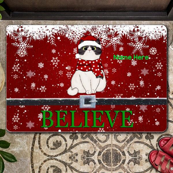 Christmas Personalized Doormat, Gifts For Cat Lovers, Believe Cats In Snow Holiday Doormat