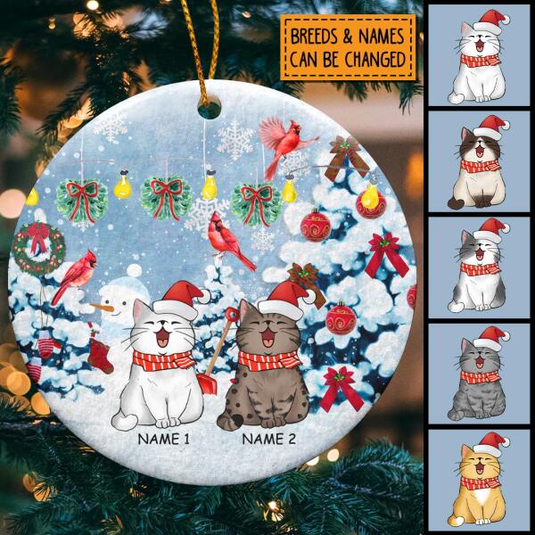 Snow Christmas Tree Red Cardinals Circle Ceramic Ornament - Personalized Cat Lovers Decorative Christmas Ornament