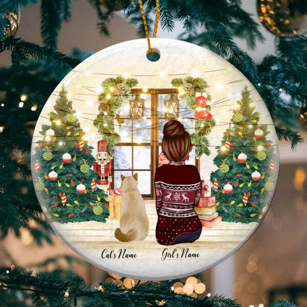 Snow Outside Window - Backside of Cats And Girl - Personalized Cat Christmas Ornament