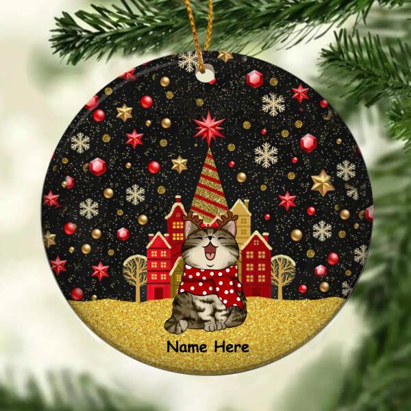 Cats Standings On Gold Glitter Land - Personalized Cat Christmas Ornament