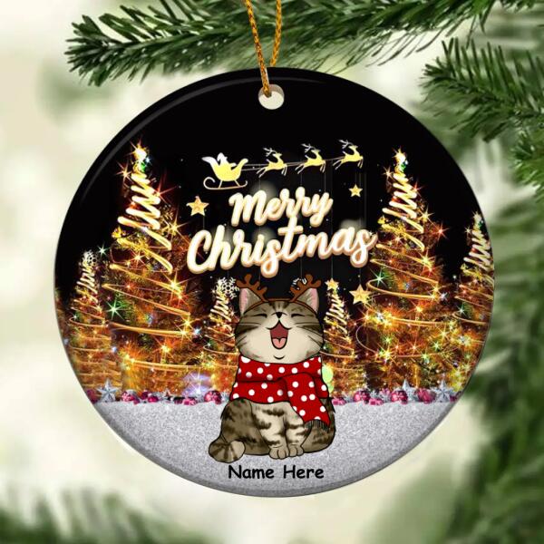 Merry Christmas - Gold Neon Light On Christmas Trees - Personalized Cat Christmas Ornament