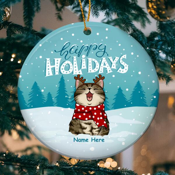 Happy Holiday - Bluetone Snow - Personalized Cat Christmas Ornament