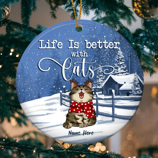 Life Is Better With Cats Starry Blue Sky Circle Ceramic Ornament - Personalized Cat Lovers Decorative Christmas Ornament