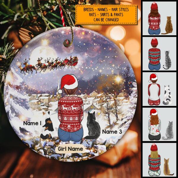 Girl And Cats Watching Santa Sleigh Circle Ceramic Ornament - Personalized Cat Lovers Decorative Christmas Ornament