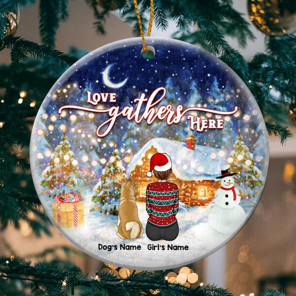 Love Gathers Here Sparke Light Night Circle Ceramic Ornament - Personalized Dog Lovers Decorative Christmas Ornament