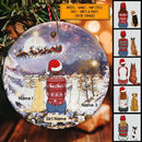 Girl And Dogs Watching Santa Sleigh Circle Ceramic Ornament - Personalized Dog Lovers Decorative Christmas Ornament