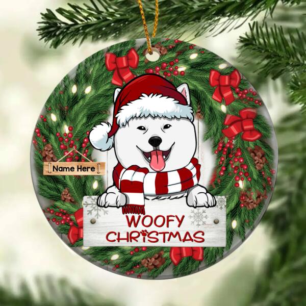 Personalised Woofy Xmas Wreath Around Circle Ceramic Ornament - Personalized Dog Lovers Decorative Christmas Ornament