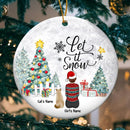 Let It Snow Girl & Cats Circle Ceramic Ornament - Personalized Cat Lovers Decorative Christmas Ornament