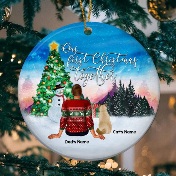 Our First Xmas Together Blue Faded Sky Circle Ceramic Ornament - Personalized Cat Lovers Decorative Christmas Ornament