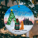 Our First Xmas Together Blue Faded Sky Circle Ceramic Ornament - Personalized Dog Lovers Decorative Christmas Ornament