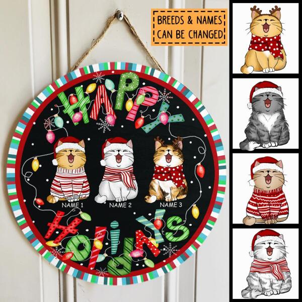 Christmas Door Decorations, Gifts For Cat Lovers, Happy Holidays Black Background Colorful Stripes Welcome Door Signs , Cat Mom Gifts