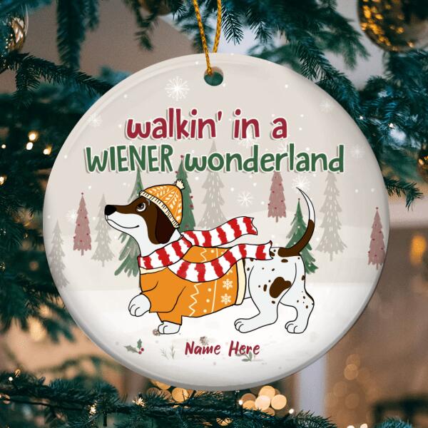 Walkin' In A Wiener Wonderland Grey Circle Ceramic Ornament - Personalized Dog Lovers Decorative Christmas Ornament