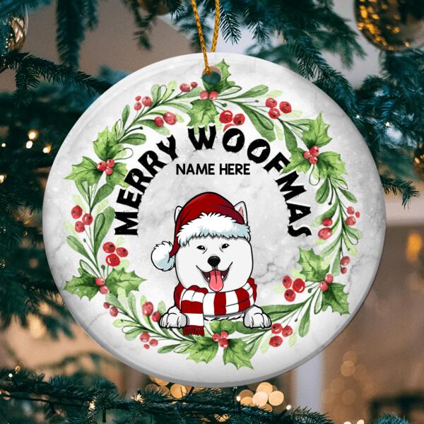 Merry Woofmas Berries White Marble Circle Ceramic Ornament - Personalized Dog Lovers Decorative Christmas Ornament