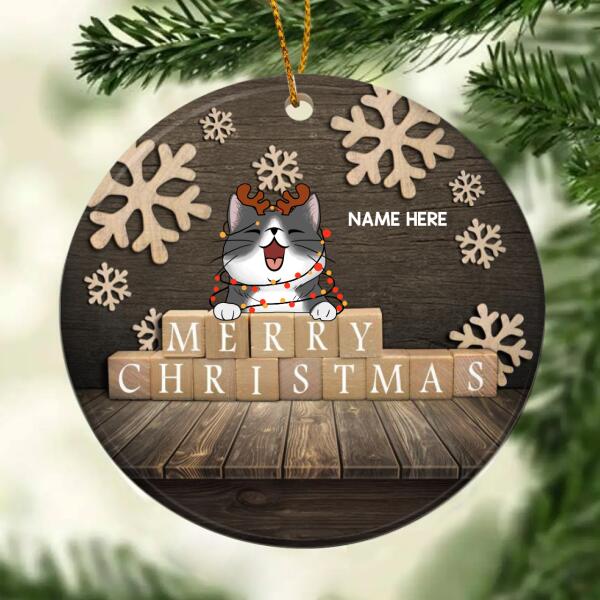 Merry Xmas Letters Print On Box  Wooden Circle Ceramic Ornament - Personalized Cat Lovers Decorative Christmas Ornament