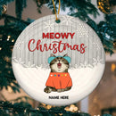 Meowy Christmas Light Gray Wooden Circle Ceramic Ornament - Personalized Cat Lovers Decorative Christmas Ornament